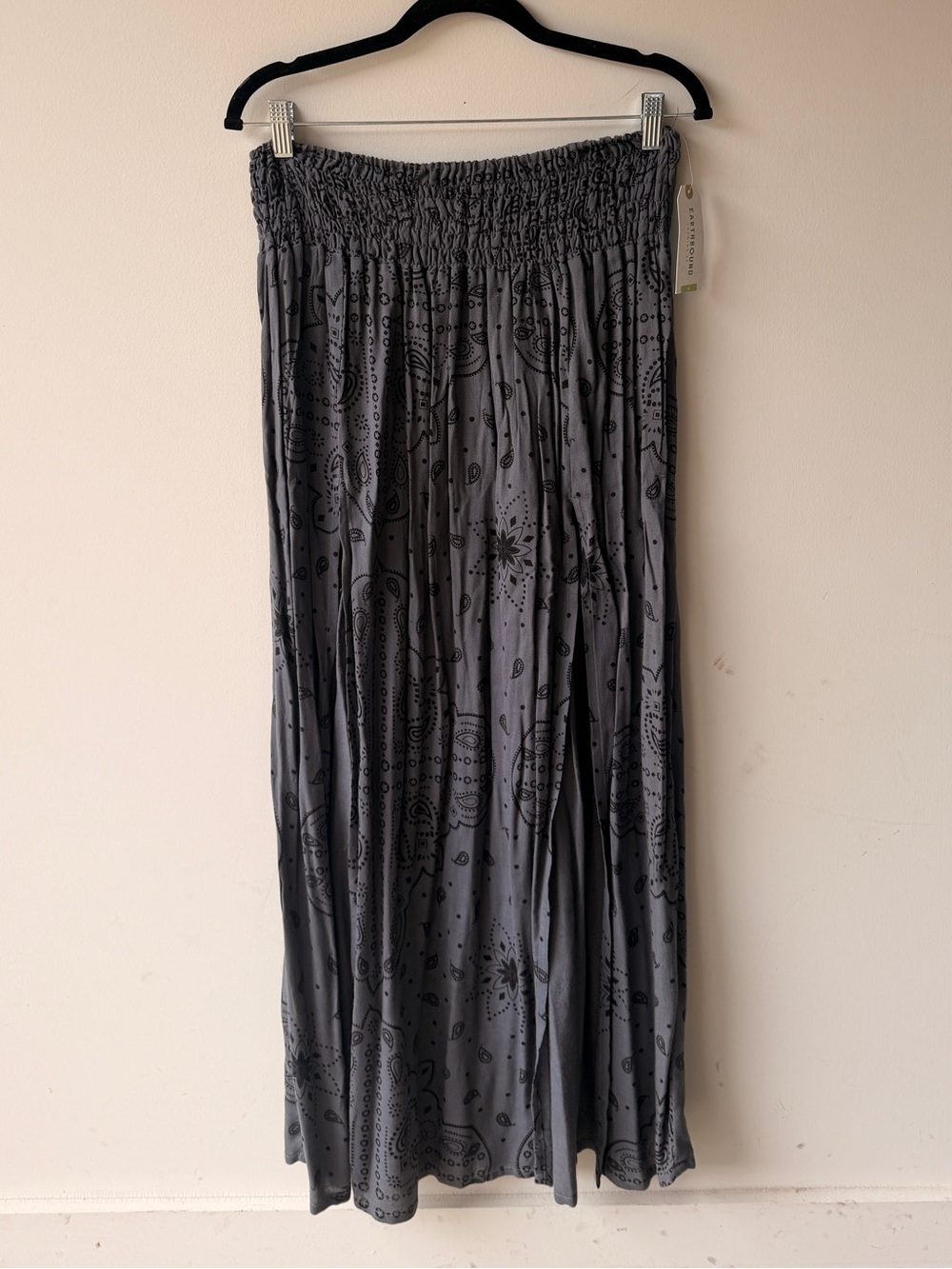 EARTHBOUND Grey Maxi Skirt with Black Paisley Print